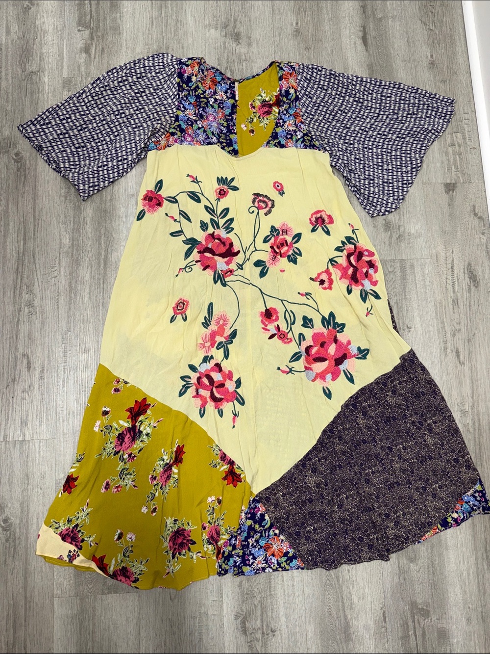 Free People Patchwork Floral Midi Dress in Yellow, Pink, Purple
